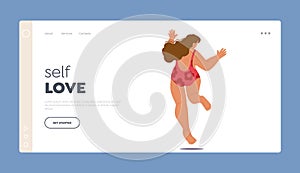 Self Love Landing Page Template. Energetic, Joyful, A Plump Female Character In A Swimsuit Defies Societal Norms