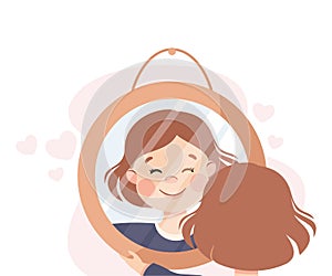 Self-love with Little Girl Looking in Mirror Admiring Herself Loving Her Appearance Vector Illustration