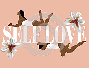 Self love. Vector  hand drawn illustration of lying woman in swimsuit with flowers. photo
