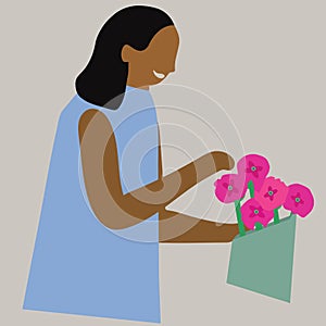 Self Love Woman Buying Herself Flowers Vector Illustration Simple Flat Art