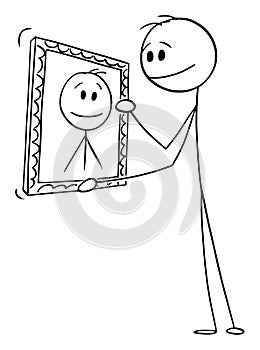 Self-loving Person Holding His Own Portrait Painting, Vector Cartoon Stick Figure Illustration