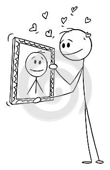 Self-loving Person Holding His Own Portrait Painting, Vector Cartoon Stick Figure Illustration