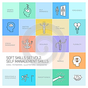 Self management soft skills linear icons