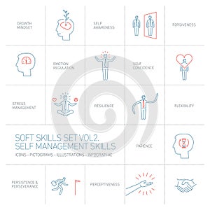 Self management soft skills linear icons