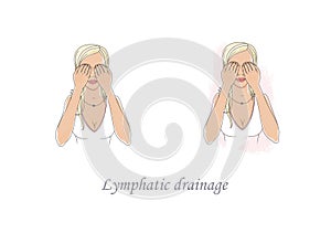 Self-massage and improvement of microcirculation. Lymphatic drainage of the face. The girl taps her fingers on her eyelids .