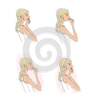 Self-massage and improvement of microcirculation. Lymphatic drainage of the face. The girl taps her fingers on her lips.