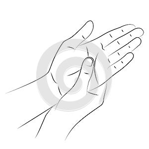 Self-massage of palms of hands, close-up. Human presses special points on palm to relieve headaches and other pains. Sketch