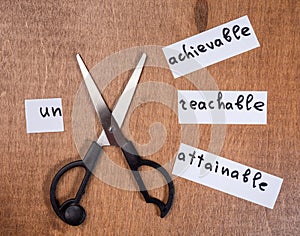 Self motivation concept. Negative words cut with scissors.