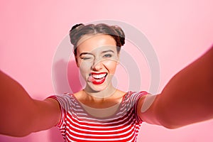 Self-portrait of her she nice-looking cute attractive crazy glamorous lovely cheerful cheery girl wearing striped t