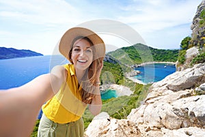 Self portrait of traveler girl from Porto Timoni Viewpoint in Corfu, Greece