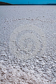 Self-precipitating table salt sodium chloride on the surface of a dried-up reservoir .