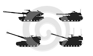 Self-propelled armored artillery howitzer set. army artillery systems. vector icons for military concepts and web design
