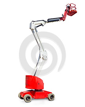 Self propelled articulated boom lift on a light background