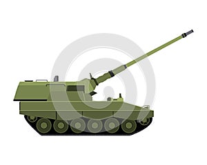 Self-propelled howitzer in flat style. Raised barrel. Military armored vehicle