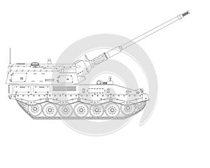 Self-propelled howitzer in line art. Raised barrel. Military armored vehicle