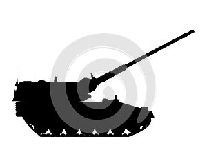 Self-propelled howitzer silhouette. Raised barrel. Military armored vehicle