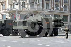 Self-propelled launcher of the Bal Coastal missile system on a Moscow street during the dress rehearsal of the parade dedicated to