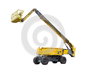 Self propelled wheeled boom lift with telescoping boom and basket photo