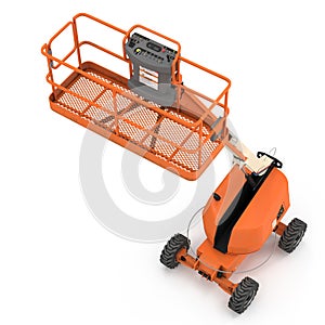 Self propelled wheeled boom lift with telescoping boom and basket on white. 3D illustration