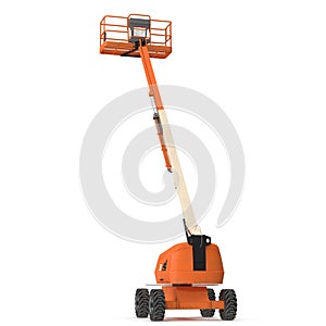 Self propelled wheeled boom lift with telescoping boom and basket on white. 3D illustration