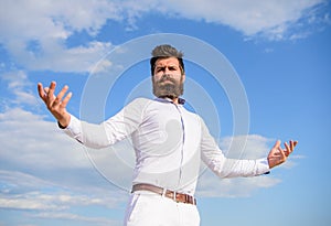 Self proud feeling. Hipster beard and mustache looks attractive white shirt. Guy enjoy top achievement. Superiority and