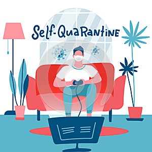 Self-quarantine concept. Man in medical mask playing video game console at home. Guy sits on sofa, holds game controller and