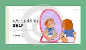 Self Recognizing Landing Page Template. Toddler Child Sitting on Floor Gazing Into A Mirror, Observing Appearance