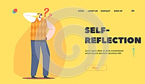 Self Reflection Landing Page Template. Senility, Alzheimer, Dementia Concept. Confused Old Male Character Memory Loss