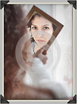 Self reflection of Strong Woman Mirror Looking - never give up photo