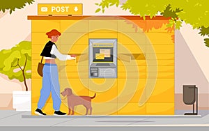 Self service in automatic post locker, woman using smart inpost terminal, opening door