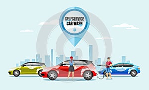 Self service car wash flat color vector illustration