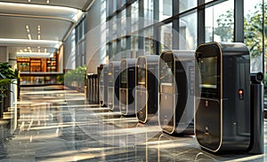 Self-service check-in machines in the lobby of modern hotel. A modern black digital turnstile with a screen