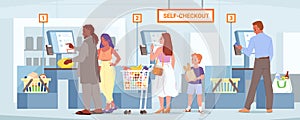 Self service at checkout in supermarket, people with purchases inside shop cart scan food