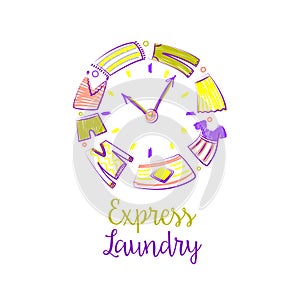 Self-service laundry logo. Bubble and clothes in clock. Freehand