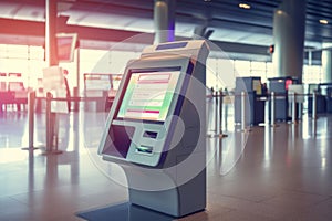 Self service machine and help desk kiosk at airport terminal for check in, print boarding pass or buying ticket. Business travel