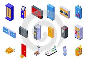Self-service parcel delivery icons set isometric vector. Automat locker photo
