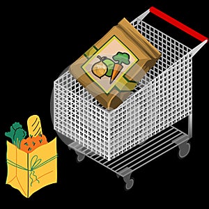Self-service supermarket shopping trolley cart with fresh grocery products