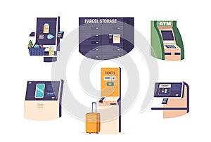 Self-service Terminals Allow Customers To Complete Transactions Independently, Such As Buying Goods, Vector Illustration