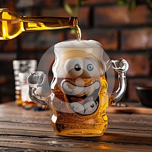self-serving beer mug. The mug, with cartoon-style arms and an expressive face, is playfully holding a smaller beer bottle,