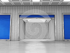 Self storage units with one open empty room. 3D illustration