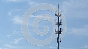 Self Support, Guyed Tower, Guyed Mast, Pole. Telecommunication Tower. Cell Phone Signal Tower on sky background