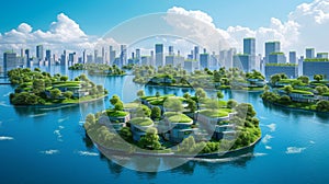 Self-sustaining island communities with a futuristic twist, where technology and green design merge to create a