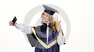 Selfe photo with diploma. Graduate. White