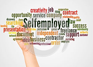 Selfemployed word cloud and hand with marker concept photo