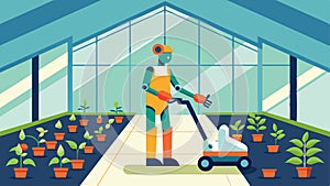 A selfguided robot moving through a greenhouse pruning plants with precision and care.. Vector illustration.