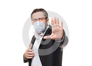 Selfhelp of coronavirus pandemics. European middle-aged man in formal office wear with protective medical mask makes a