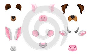 Selfie Animal Faces Effects Vector Illustrated Set. Assets For Entertainment