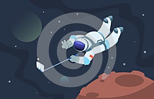 Selfie astronaut. Fanny cosmonaut taking photos in space on smartphone. Vector cartoon cute spaceman poster