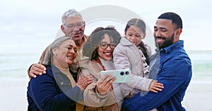 Selfie, beach and grandparents, parents and child in nature for holiday, vacation and weekend. Family, happy and senior