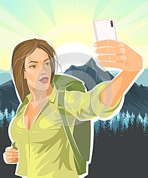 Selfie. Beautiful girl tourist. Backpack. Against backdrop of a landscape with mountains, coniferous forest and sunrise